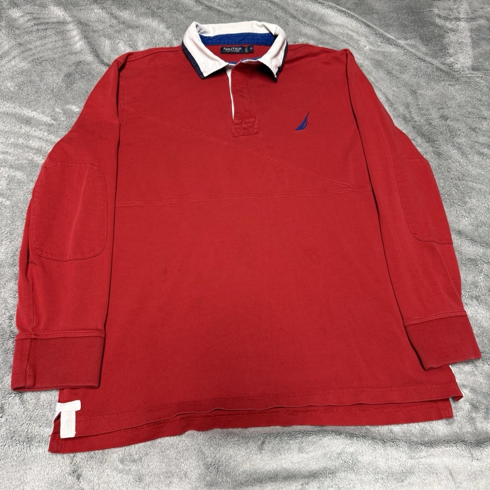 Nautica Mens XL Red Long Sleeve Rugby Polo Shirt Vintage Y2K Sailing Colorblock